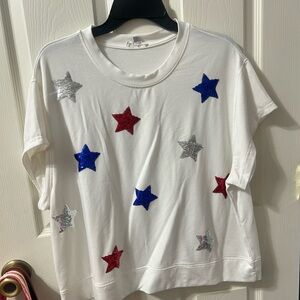White Short Sleeve Tee with Red, Blue & Silver Star Appliqués